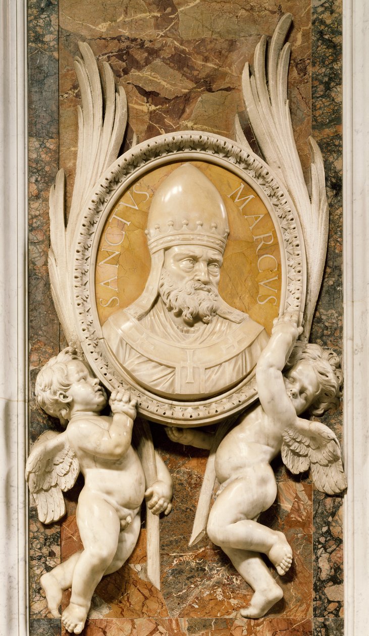 San Marco, płaskorzeźba Gian Lorenzo Berniniego (1598-1680), fragment marmurowej dekoracji wzdłuż filarów nawy głównej, Bazylika Św. Piotra, Rzym, Watykan autorstwa Gian Lorenzo Bernini