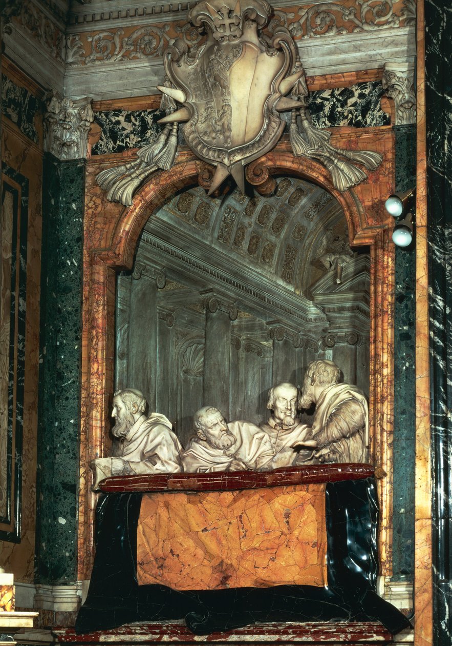Boczna skrzynia z rodziną Cornaro, marmurowa rzeźba ze szkoły Gian Lorenzo Berniniego (1598-1680), kaplica Cornaro, kościół Santa Maria della Vittoria, Rzym, Włochy autorstwa Gian Lorenzo Bernini
