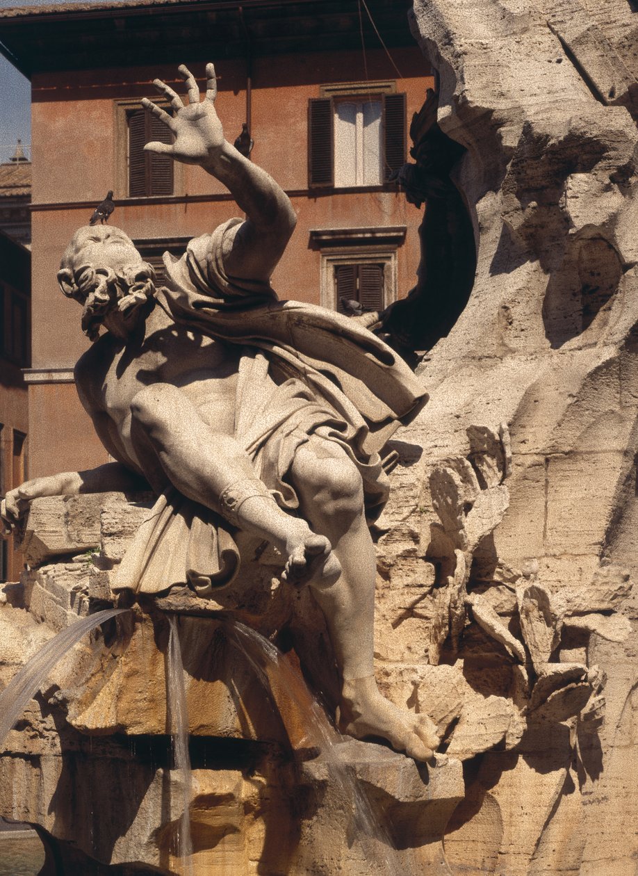Fontanna Czterech Rzek, detal figury przedstawiający rzekę Plate, 1648-51 detal kamienny z 96887 autorstwa Gian Lorenzo Bernini