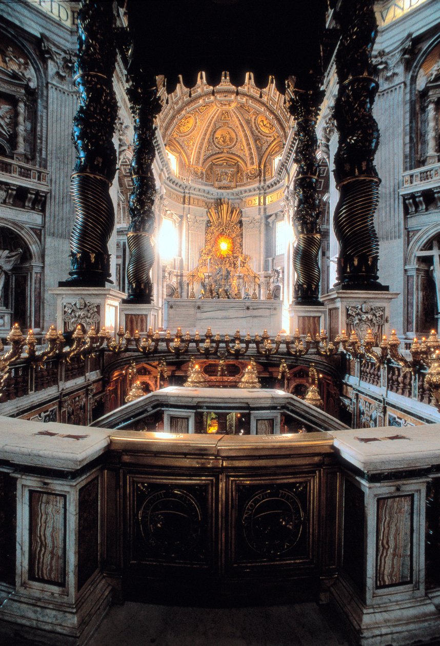 Widok na baldachim ołtarza głównego projektu Gian Lorenzo Berniniego (Berniniego), Bazylika św. Piotra (Basilica San Pietro) w Rzymie. Włochy autorstwa Gian Lorenzo Bernini