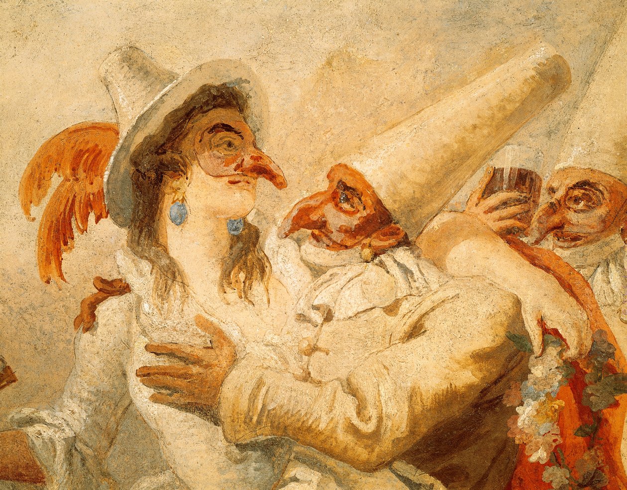 Karnawał – Giandomenico Tiepolo (1727-1804), fresk, detal z trzema maskami, Ca 