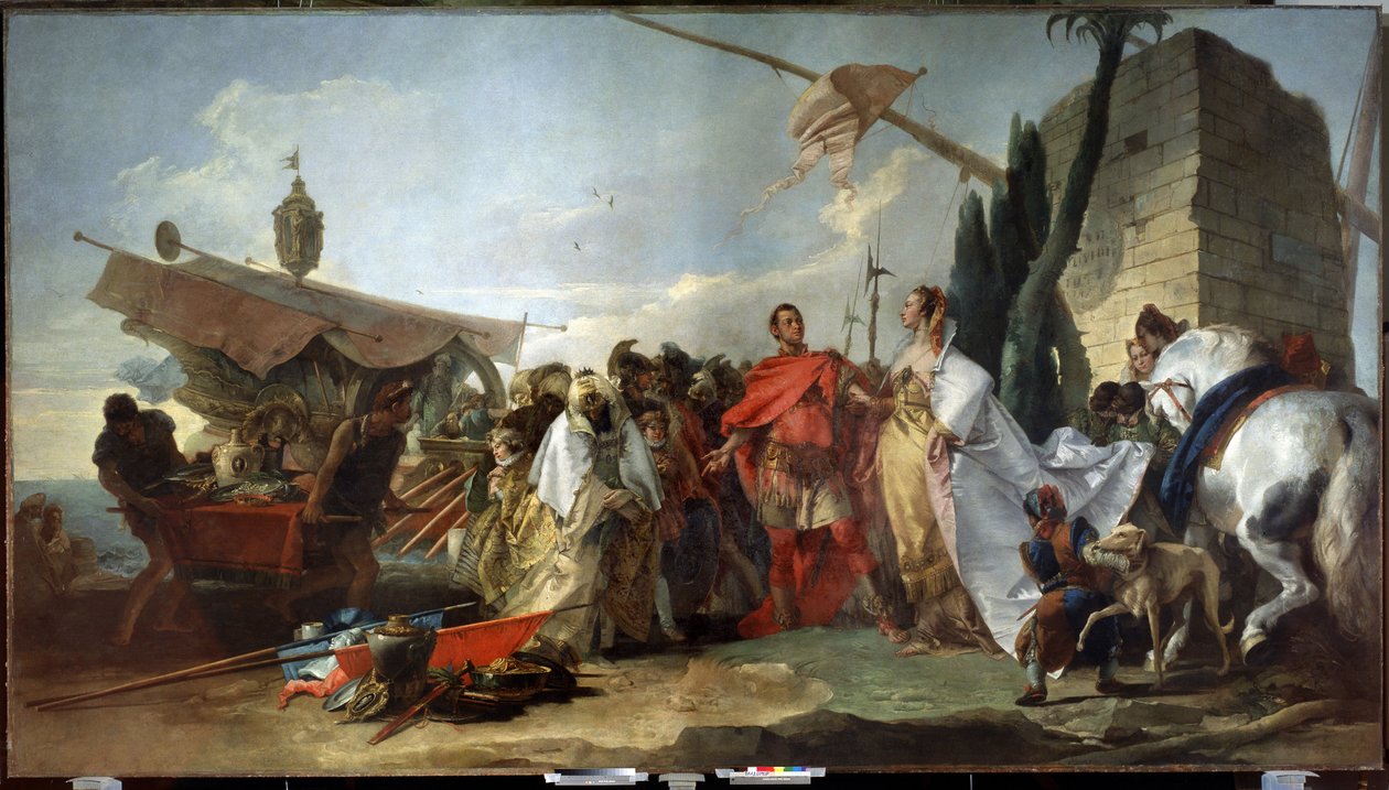 Jules Cesar spotyka Kleopatrę (Cezar spotyka Kleopatrę). Obraz Giandomenico Tiepolo (1727-1804). Olej na płótnie, 337 x 608 cm autorstwa Giandomenico  Tiepolo