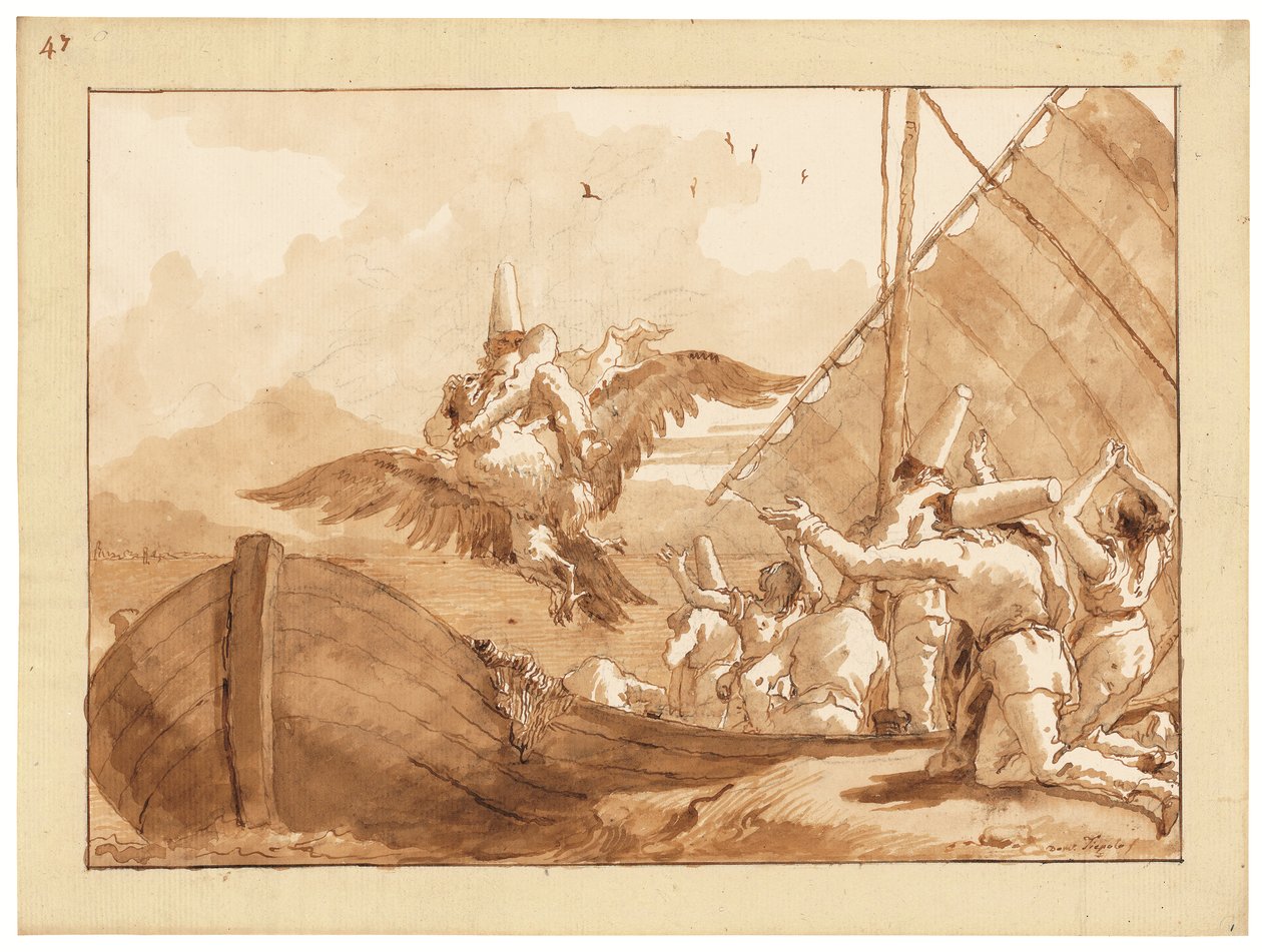 Punchinello porwany przez orła (kreda, pióro i atrament oraz pranie na papierze) autorstwa Giandomenico (1727 1804) Tiepolo