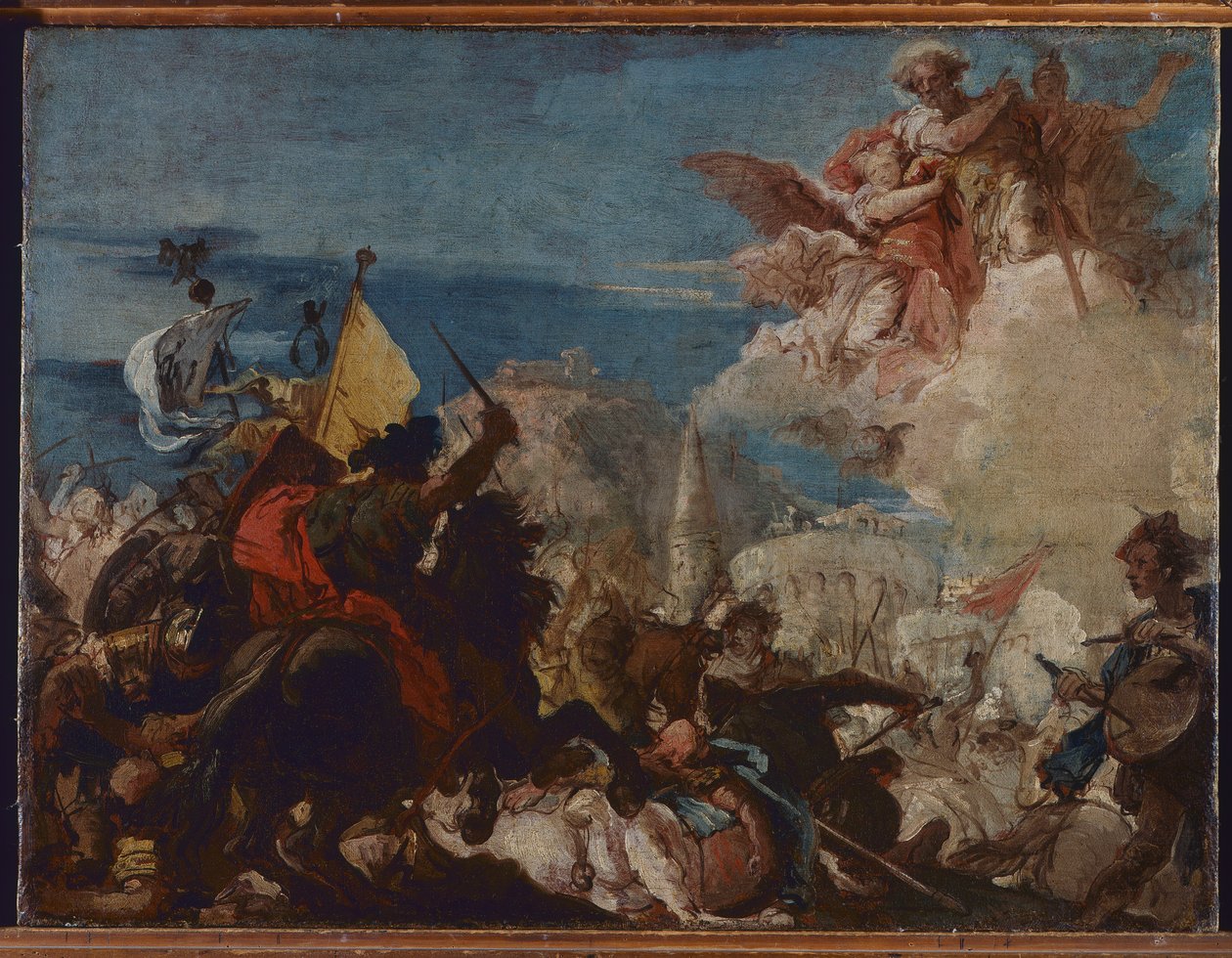 Święci Faustyn i Jowita pojawiają się w obronie Brescii atakowanej przez Niccolò Piccinino w 1438 roku autorstwa Giovanni Domenico Tiepolo