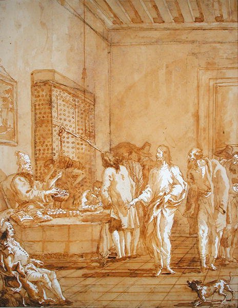 Powołanie św. Mateusza (płukanie piórem i tuszem na czarnej kredzie) autorstwa Giandomenico  Tiepolo
