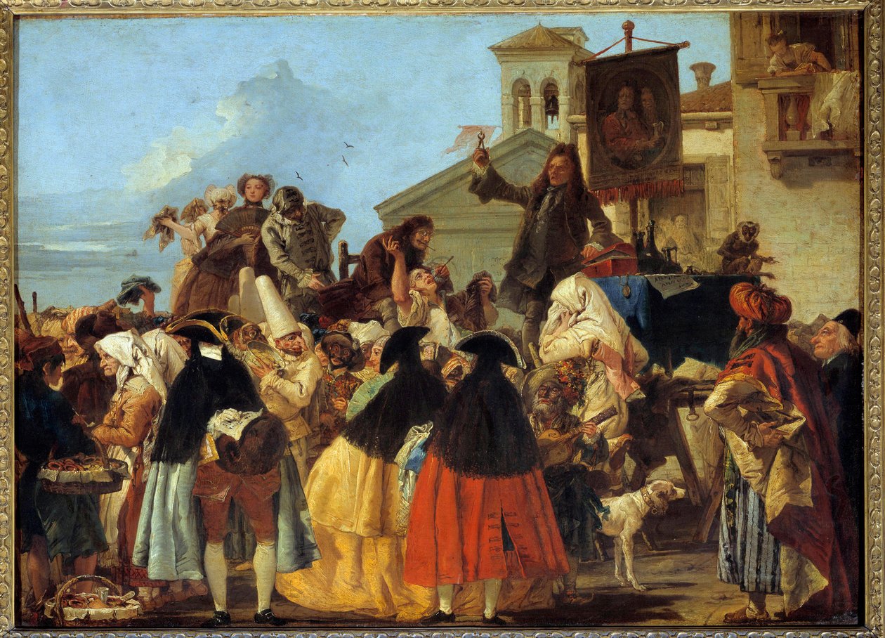 Dentysta usuwający ząb i wymachujący nim jak trofeum na karnawale w Wenecji. Obraz Giovanniego Domenico Tiepolo (Giandomenico Tiepolo) (1727-1804) 1754. Słońce 1,1x0,8 m autorstwa Giovanni Domenico Tiepolo