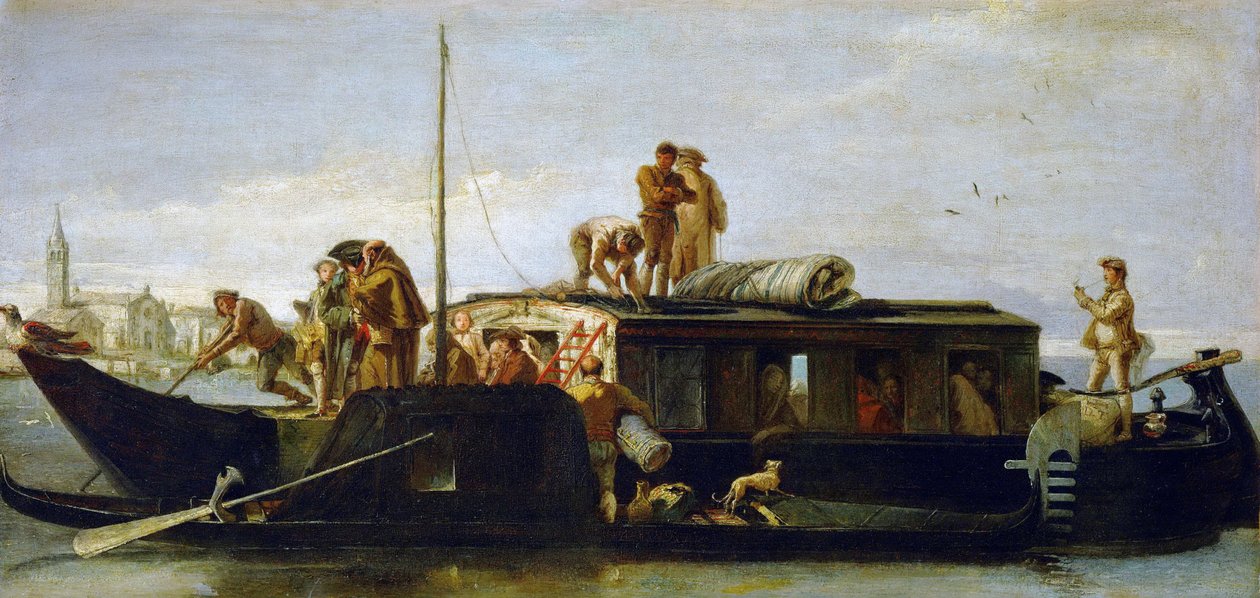Barok: The Mailboat - The Mailboat (Il Burchiello) autorstwa Tiepolo, Giandomenico (1727-1804), ok. 1764-1765. Olej na płótnie, 38x78,3. Muzeum Historii Sztuki, Wiedeń autorstwa Giovanni Domenico Tiepolo