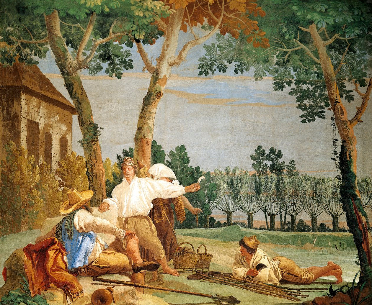 Chłopi w spoczynku, Giandomenico Tiepolo (1727-1804), fresk, Sala Scen Wiejskich w Foresteria (Pensjonat), Villa Valmarana „Ai Nani”, Vicenza, Włochy autorstwa Giandomenico (1727 1804) Tiepolo
