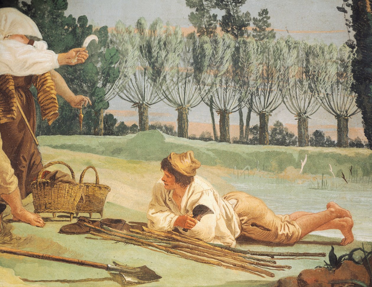 Chłopi odpoczywający, Giandomenico Tiepolo (1727-1804), fresk, Detal, Villa Valmarana ai Nani, Vicenza autorstwa Giandomenico (1727 1804) Tiepolo