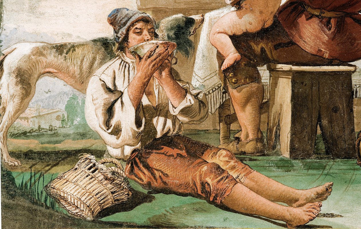 Fragment obrazu Rodziny chłopskiej przy stole, z Sali Scen Rustykalnych, w Foresterii, 1757 autorstwa Giovanni Domenico Tiepolo