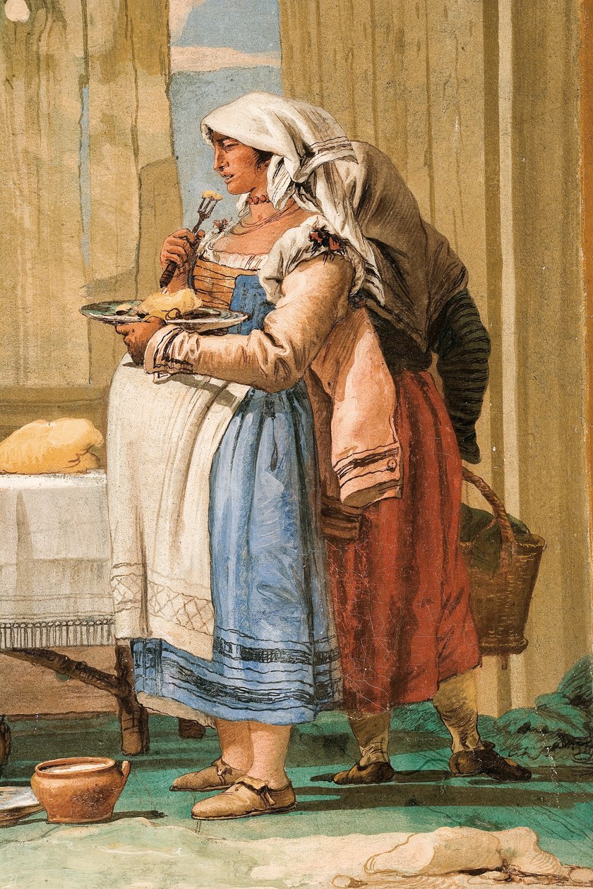 Fragment obrazu Rodziny chłopskiej przy stole, z Sali Scen Rustykalnych, w Foresterii, 1757 autorstwa Giovanni Domenico Tiepolo