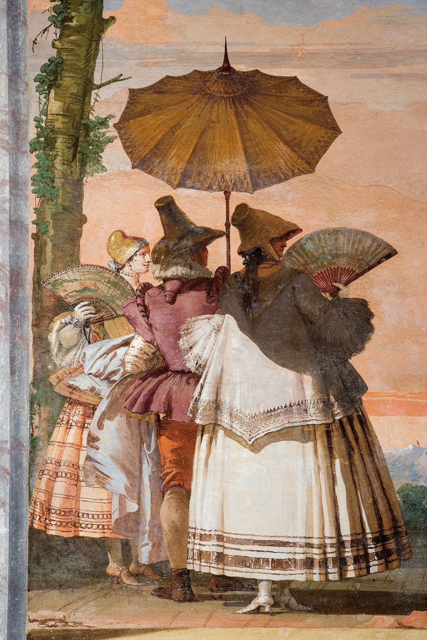 Fragment z Letni spacer, z Sali Pawilonu Gotyckiego, w Foresterii, 1757 autorstwa Giovanni Domenico Tiepolo