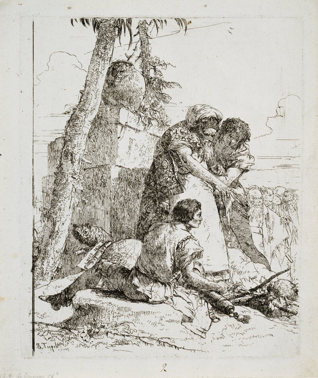 Magik wskazujący płonącą głowę dwóm młodzieńcom, c. 1740 autorstwa Giovanni Domenico Tiepolo