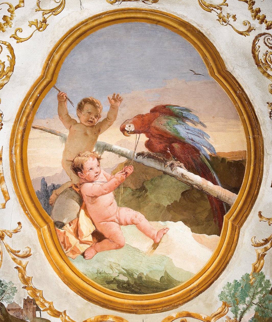 Putti z papugą, z pokoju Putti w Foresterii (Pensjonat) 1757 autorstwa Giovanni Domenico Tiepolo