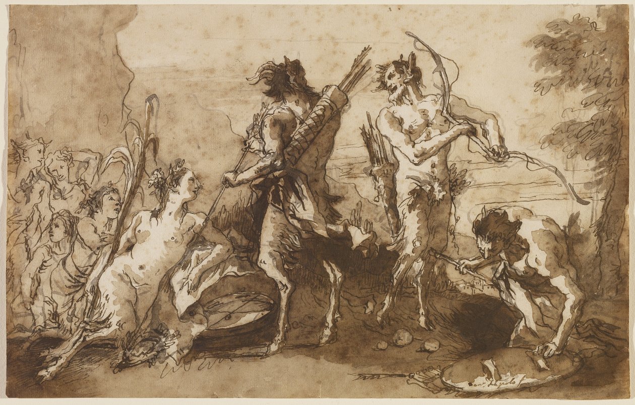 Satyry i satyryczki w pejzażu, ok. 1770 (pióro i tusz z żółcią żelazową, brązowe i szare cienie na papierze czerpanym) autorstwa Giovanni Domenico Tiepolo
