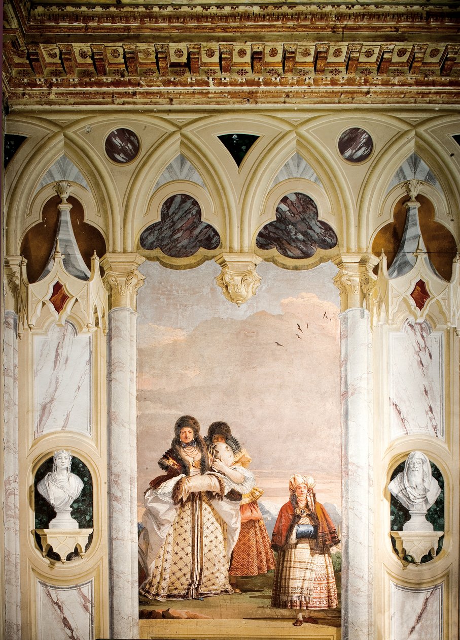 Spacer Zimowy, z Sali Pawilonu Gotyckiego, w Foresterii, 1757 autorstwa Giovanni Domenico Tiepolo