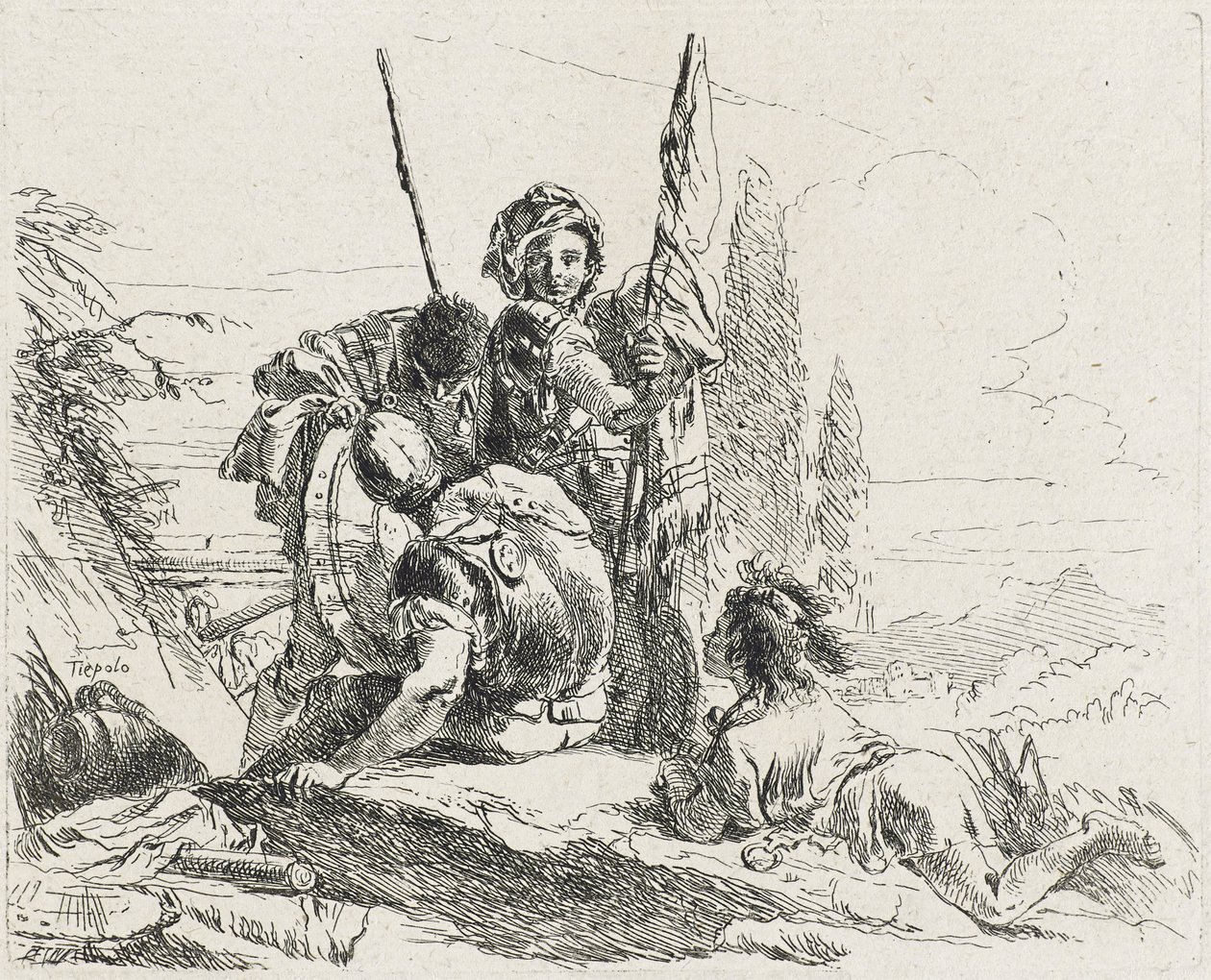 Trzej żołnierze i chłopiec, 1749 autorstwa Giovanni Domenico Tiepolo
