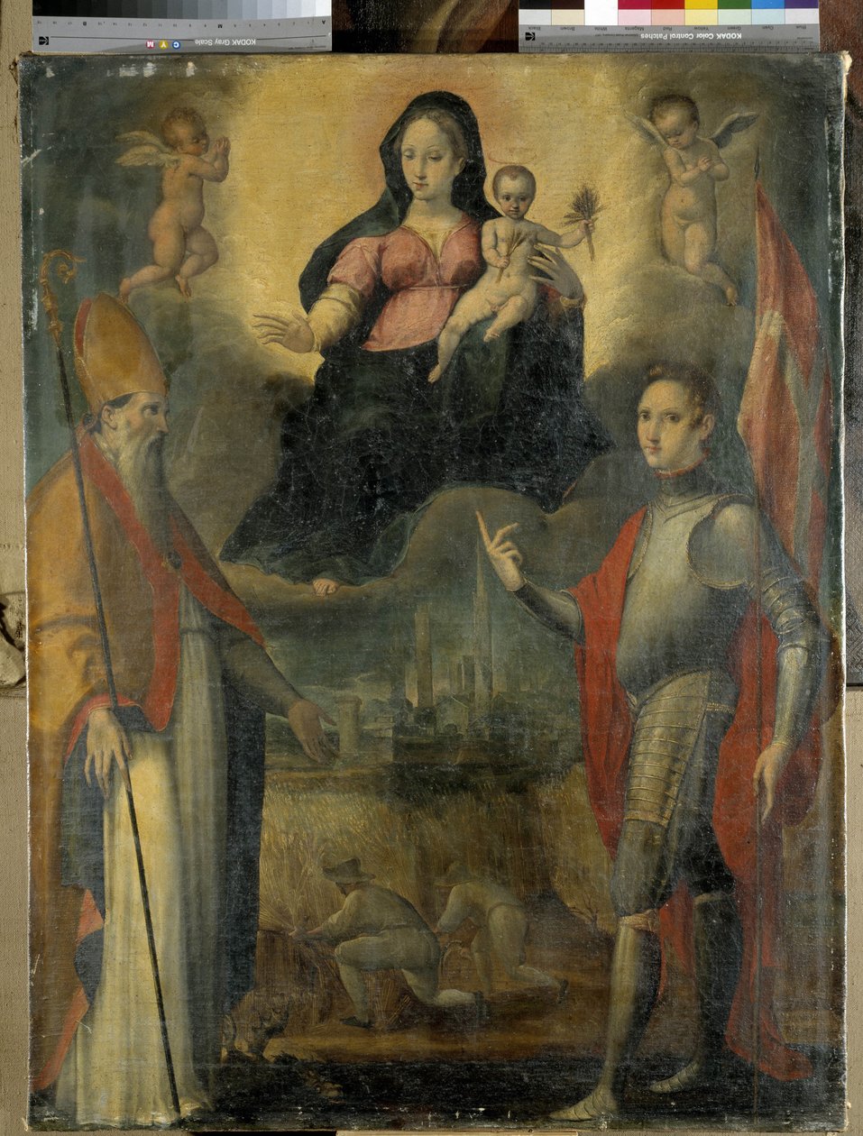 Madona z Dzieciątkiem ze świętymi Mercuriale (patron miasta Forli) i Valeriano (olej na desce) autorstwa Gianfrancesco Modigliani