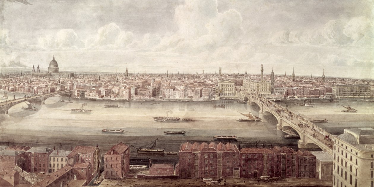 Panoramiczny widok na Londyn patrzący na północ między Southwark Bridge i London Bridge, ok.1831 autorstwa Gideon Yates