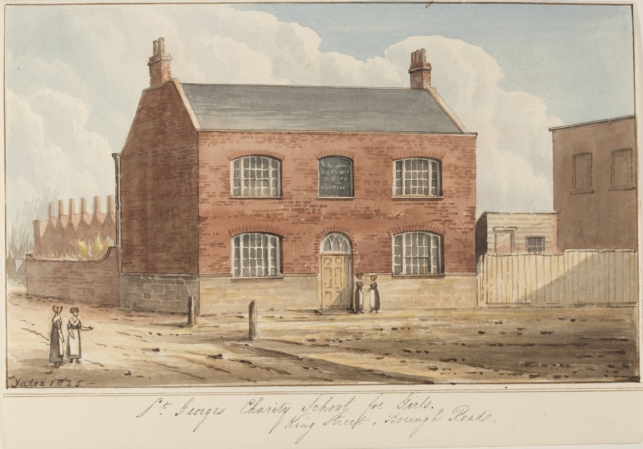 Widok na szkołę charytatywną St Georges dla dziewcząt na King Street w Southwark. King Street jest obecnie znana jako Newcomen Street, 1825 (wc na papierze) autorstwa Gideon Yates