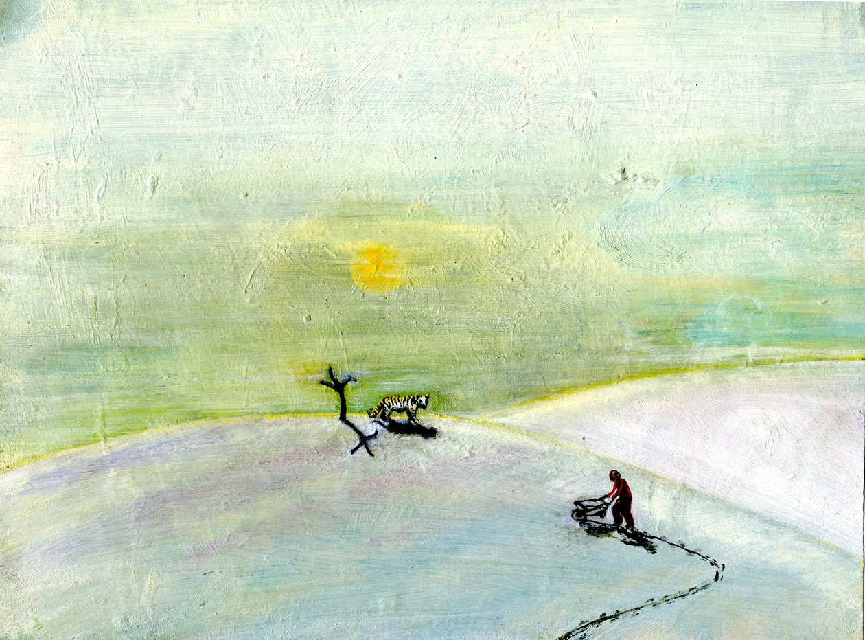 Moja taczka i śnieżny tygrys, 2004, (olej na papierze) autorstwa Gigi Sudbury