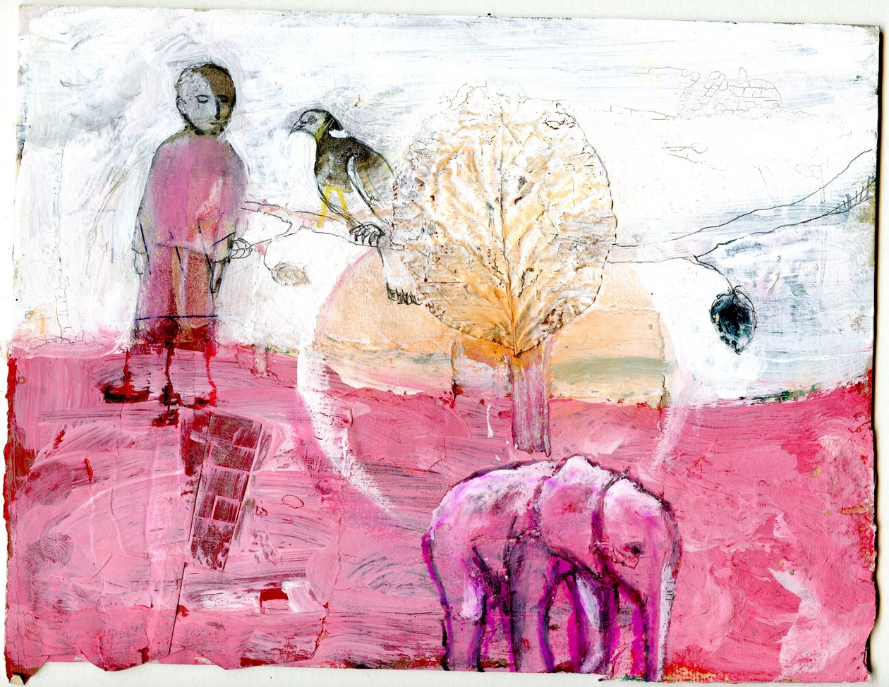 Gołąb leśny i słoń, 2014 (media mieszane) autorstwa Gigi Sudbury
