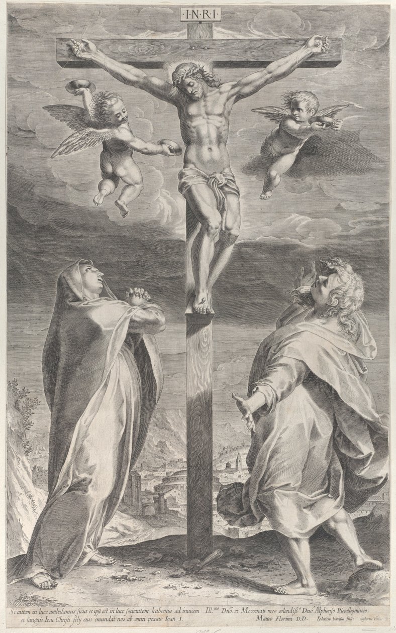 Ukrzyżowanie z Matką Boską i św. Janem Ewangelistą, nad głową anioły, ok. godz. 1593 r., ok. 1593 r. 1593 autorstwa Gijsbert Van Veen