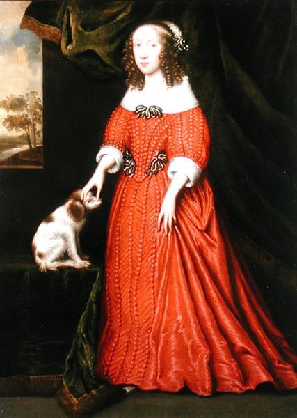 Portret młodej damy w czerwonej sukience ze zwierzakiem spanielem (olej na płótnie) autorstwa Gilbert (attr.to) Jackson
