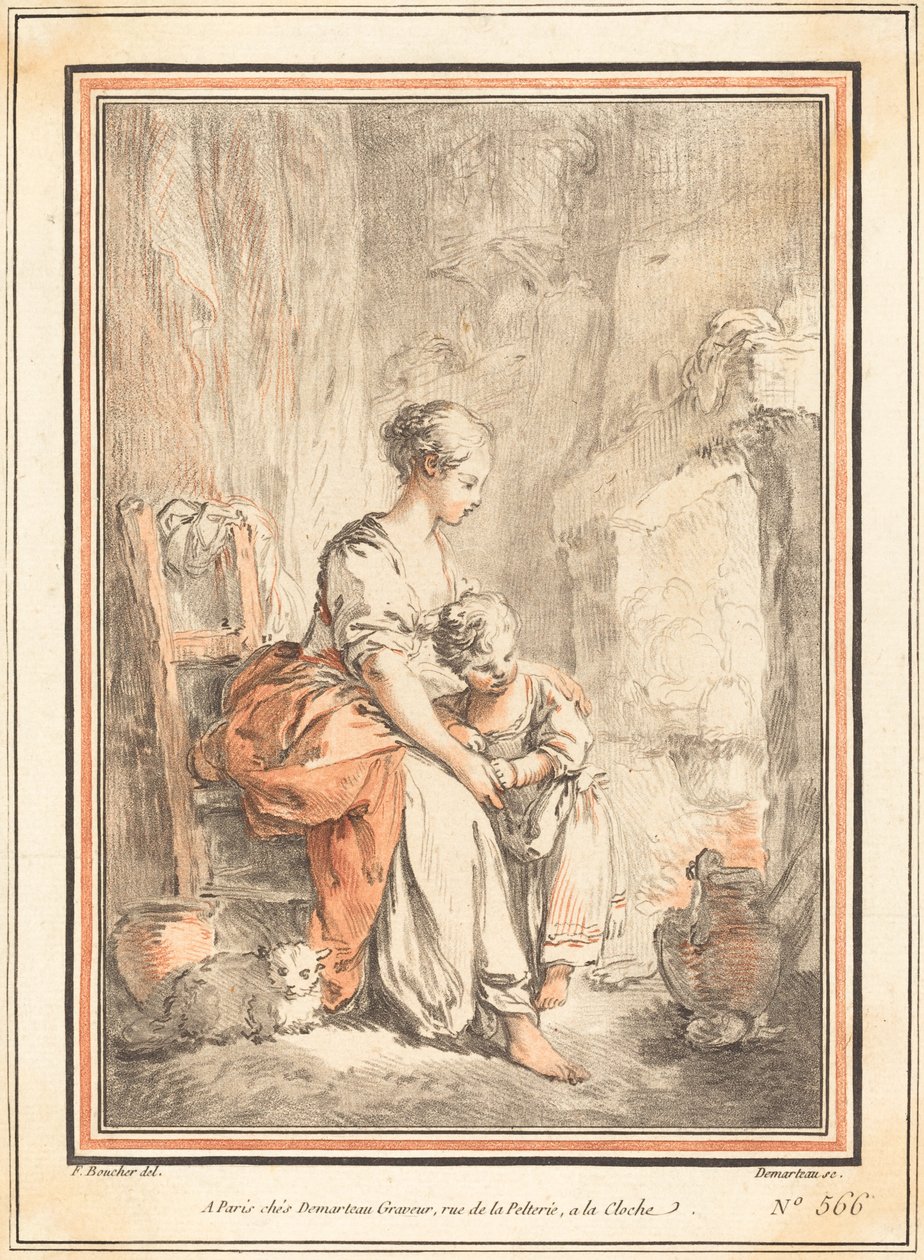 Kobieta i dziecko przed kominkiem autorstwa Gilles Antoine Demarteau after François Boucher