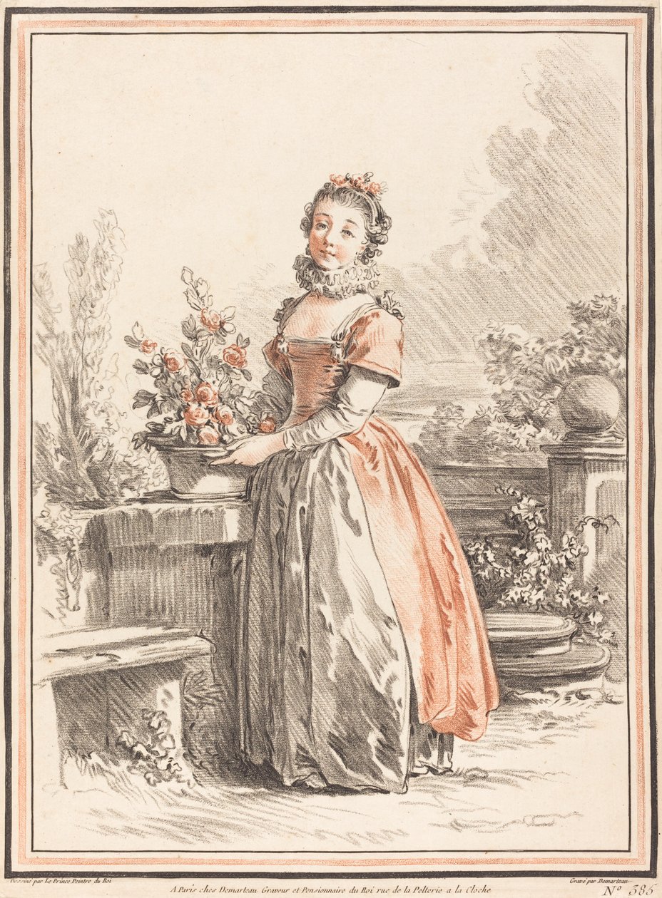 Młoda kobieta stojąca w parku autorstwa Gilles Antoine Demarteau after Jean Baptiste Le Prince