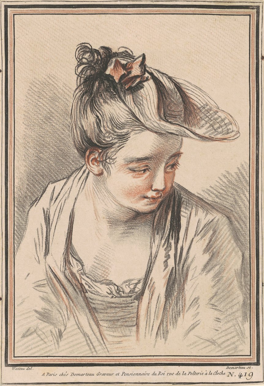 Głowa młodej kobiety w kapeluszu autorstwa Gilles Demarteau the Elder after Antoine Watteau