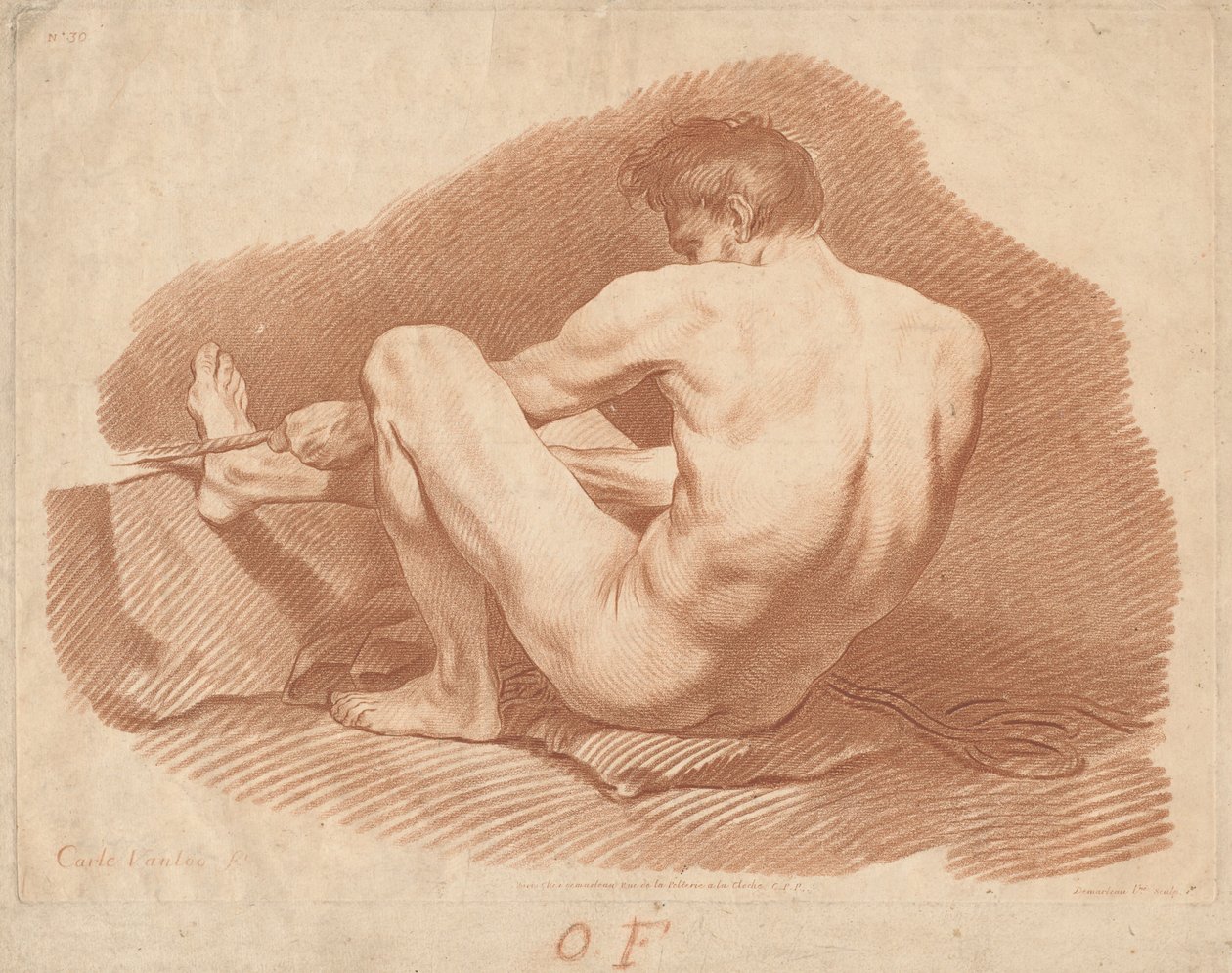 Siedzący nagi mężczyzna, widziany z tyłu, ciągnący linę autorstwa Gilles Demarteau, the Elder after Carle Van Loo