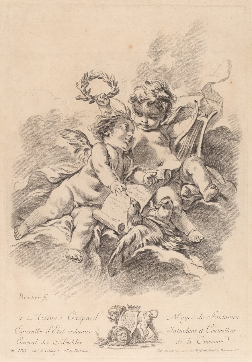 Alegoria muzyki z dwoma cherubinami i gołębiami (100) autorstwa Gilles Demarteau the Elder after François Boucher