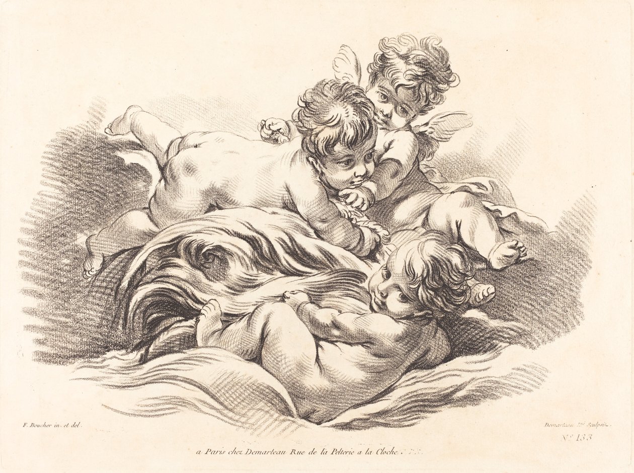 Trzy cherubiny bawiące się na fali delfinów autorstwa Gilles Demarteau, the Elder after François Boucher
