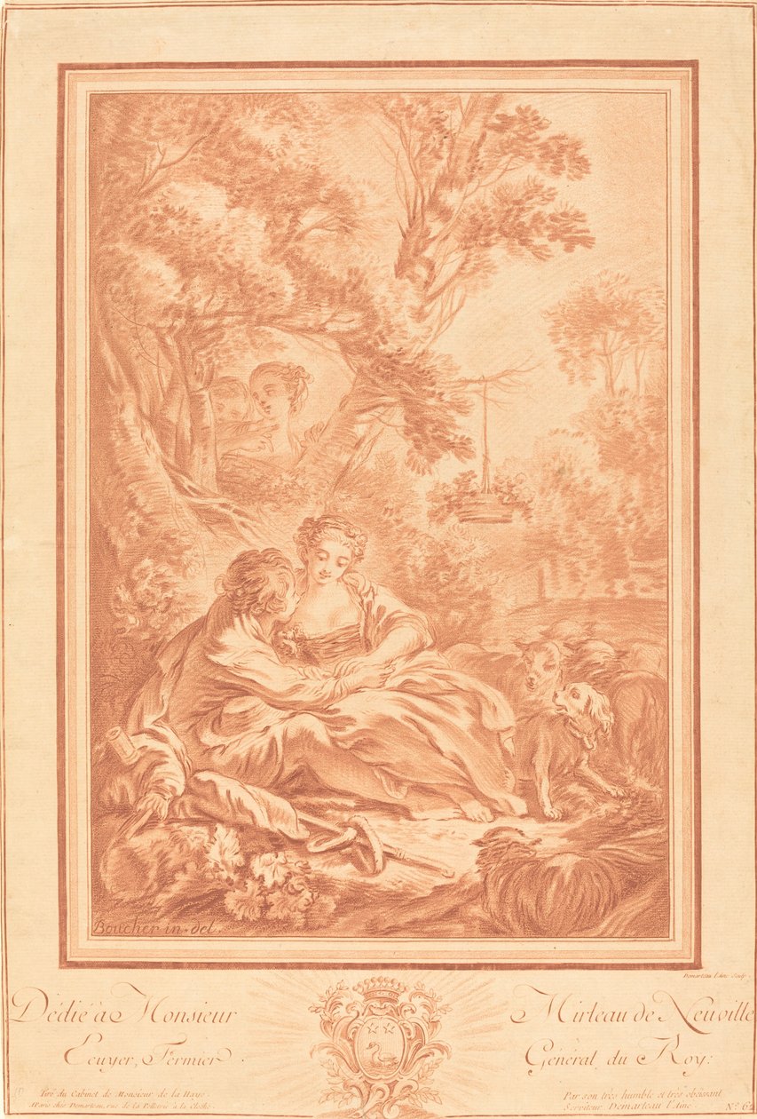 Dwoje kochanków siedzących u stóp dużego drzewa, zaskoczonych przez dwie dziewczyny autorstwa Gilles Demarteau, the Elder after François Boucher