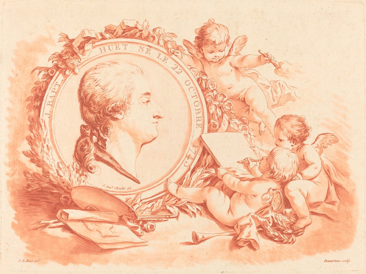 Alegoryczny portret Jean-Baptiste Hüet autorstwa Gilles Demarteau, the Elder after Jean Baptiste Hüet, I after Jean Augustin Léveillé