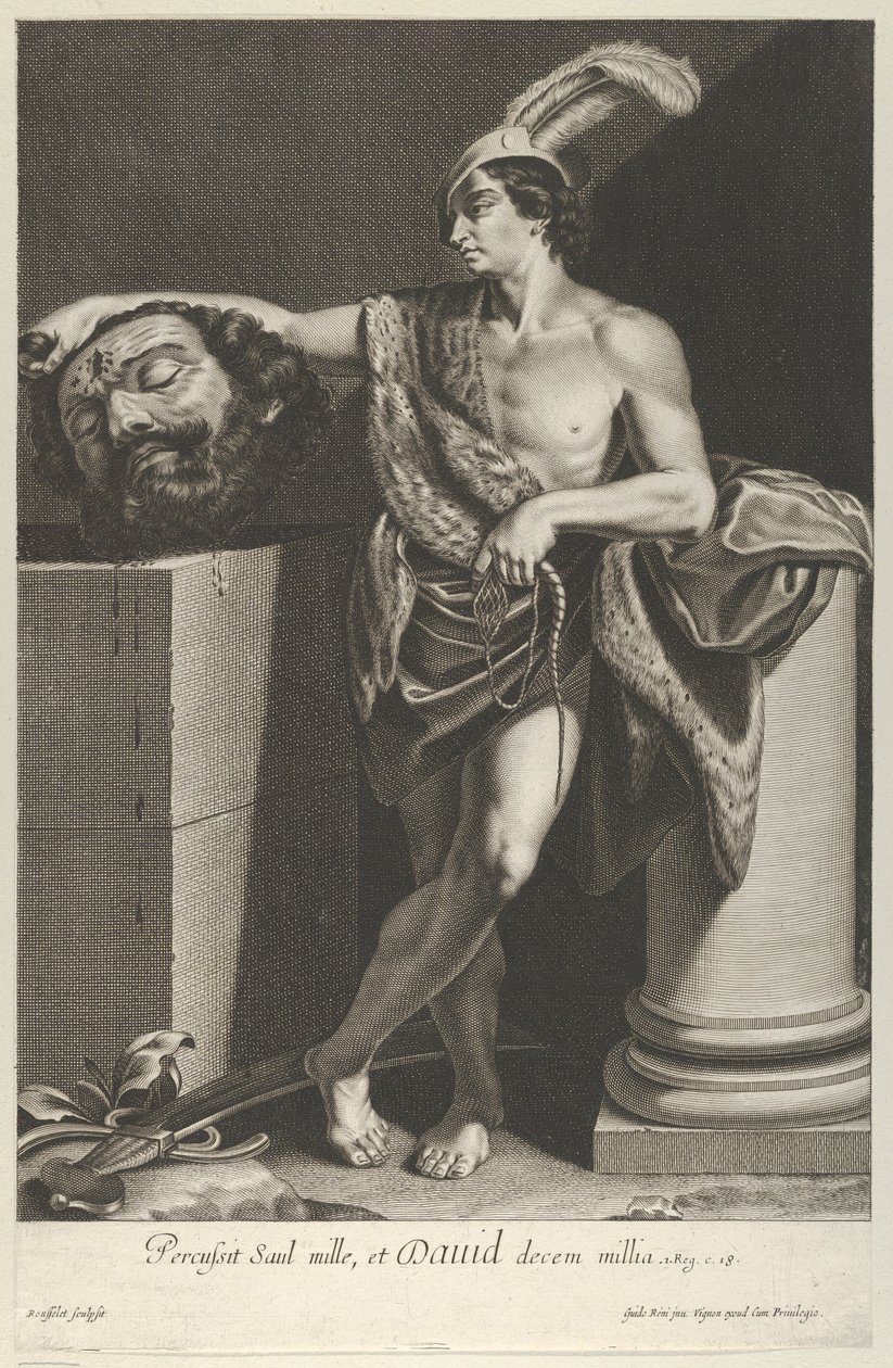 Dawid stojący ze skrzyżowanymi nogami i trzymający głowę Goliata na piedestale w l..., ok. godz. 1635-45. autorstwa Gilles Rousselet