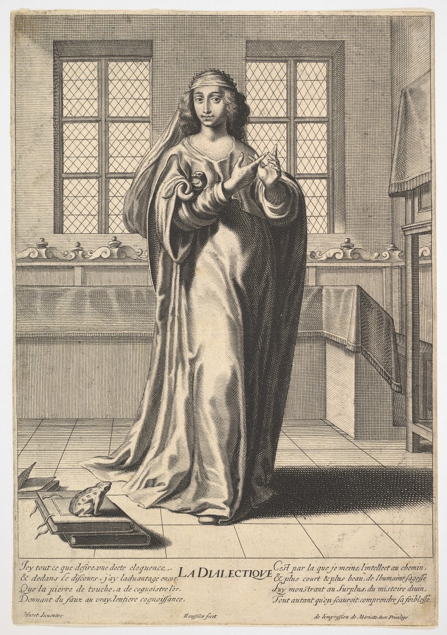 Dialektyka: młoda kobieta stojąca w ozdobionym wnętrzu i dotykająca swojego prawego indeksu…, 1633-35. autorstwa Gilles Rousselet