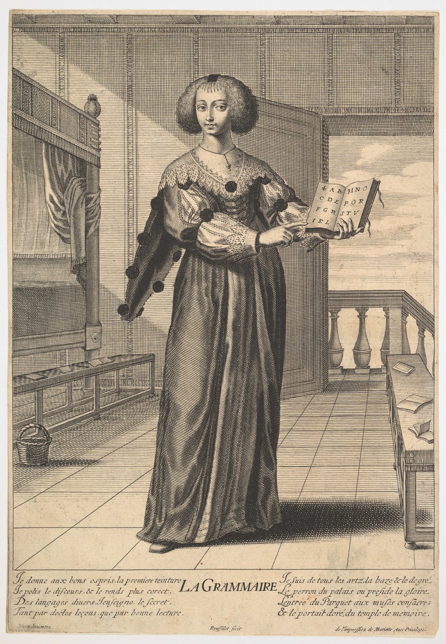 Gramatyka: młoda kobieta stojąca w ozdobionym wnętrzu, trzymająca w lewej otwartą księgę..., 1633-35. autorstwa Gilles Rousselet