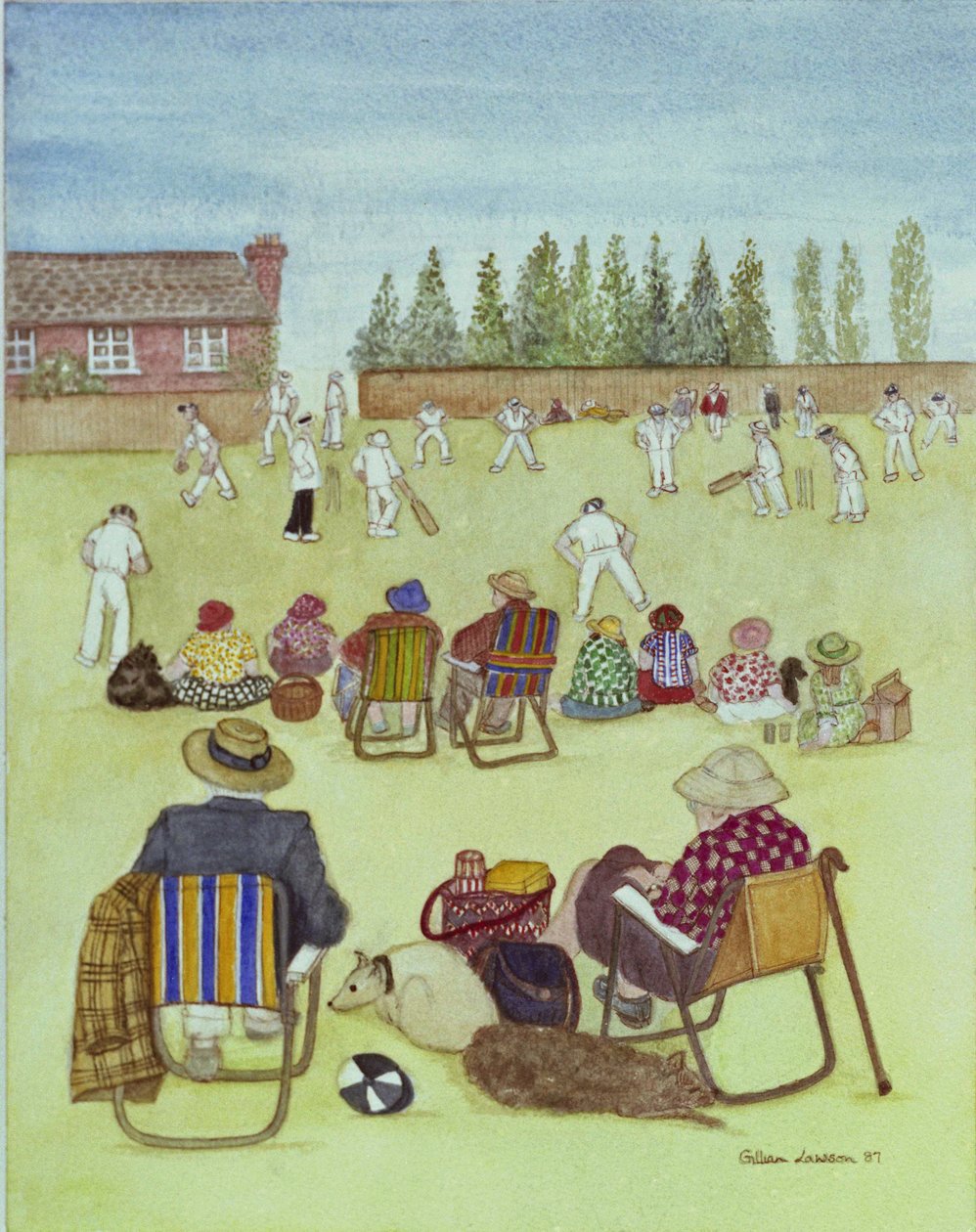 Cricket on the Green, 1987 (akwarela na papierze) autorstwa Gillian Lawson
