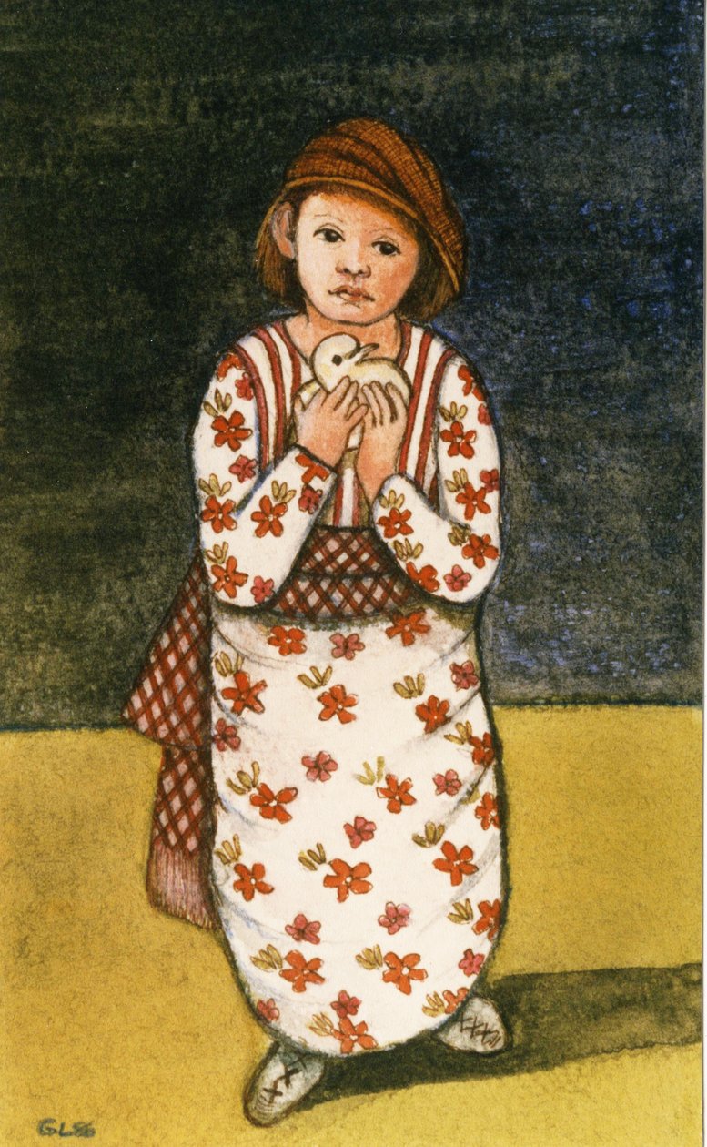 Dziewczyna z gołębiem, 1986 (akwarela na papierze) autorstwa Gillian Lawson