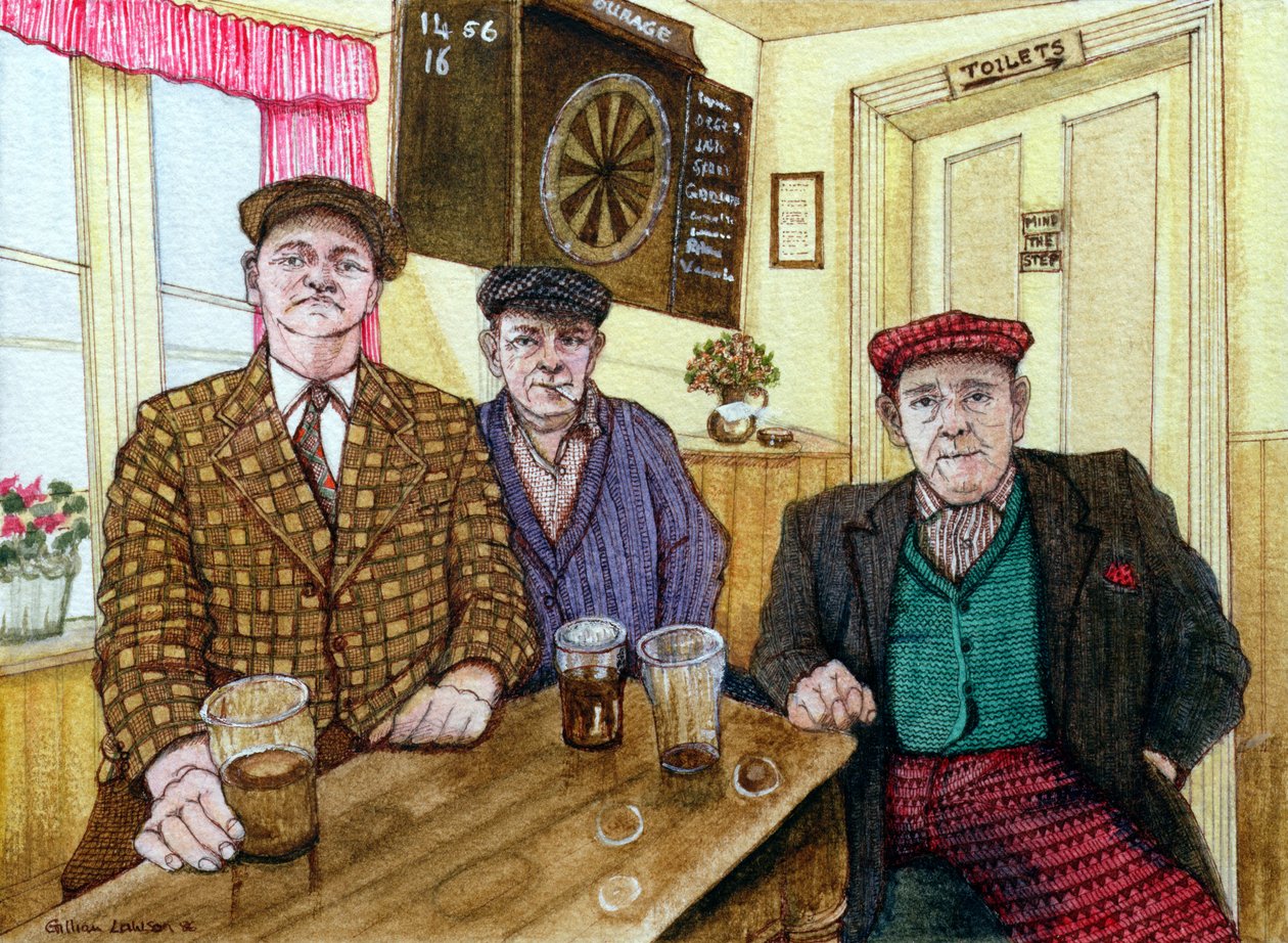 Trzech mężczyzn w pubie, 1984 autorstwa Gillian Lawson