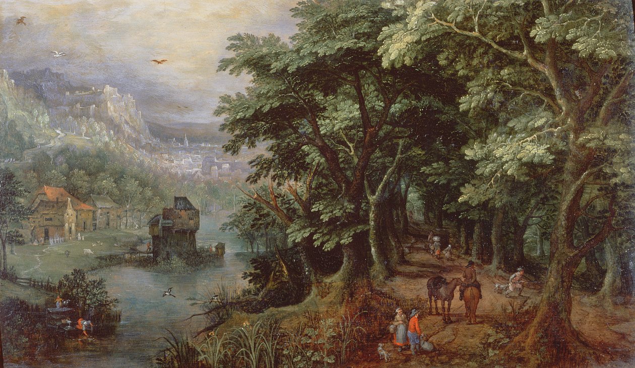 Pejzaż z postaciami w alei, ok.1595 (panel) autorstwa Gillis van III Coninxloo