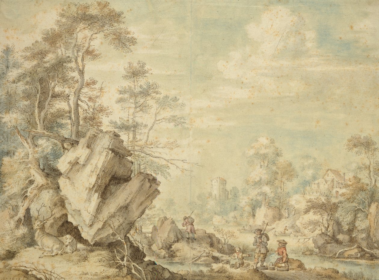Pejzaż, 1623 (pióro i toaleta na papierze) autorstwa Gillis Claesz d Hondecoeter
