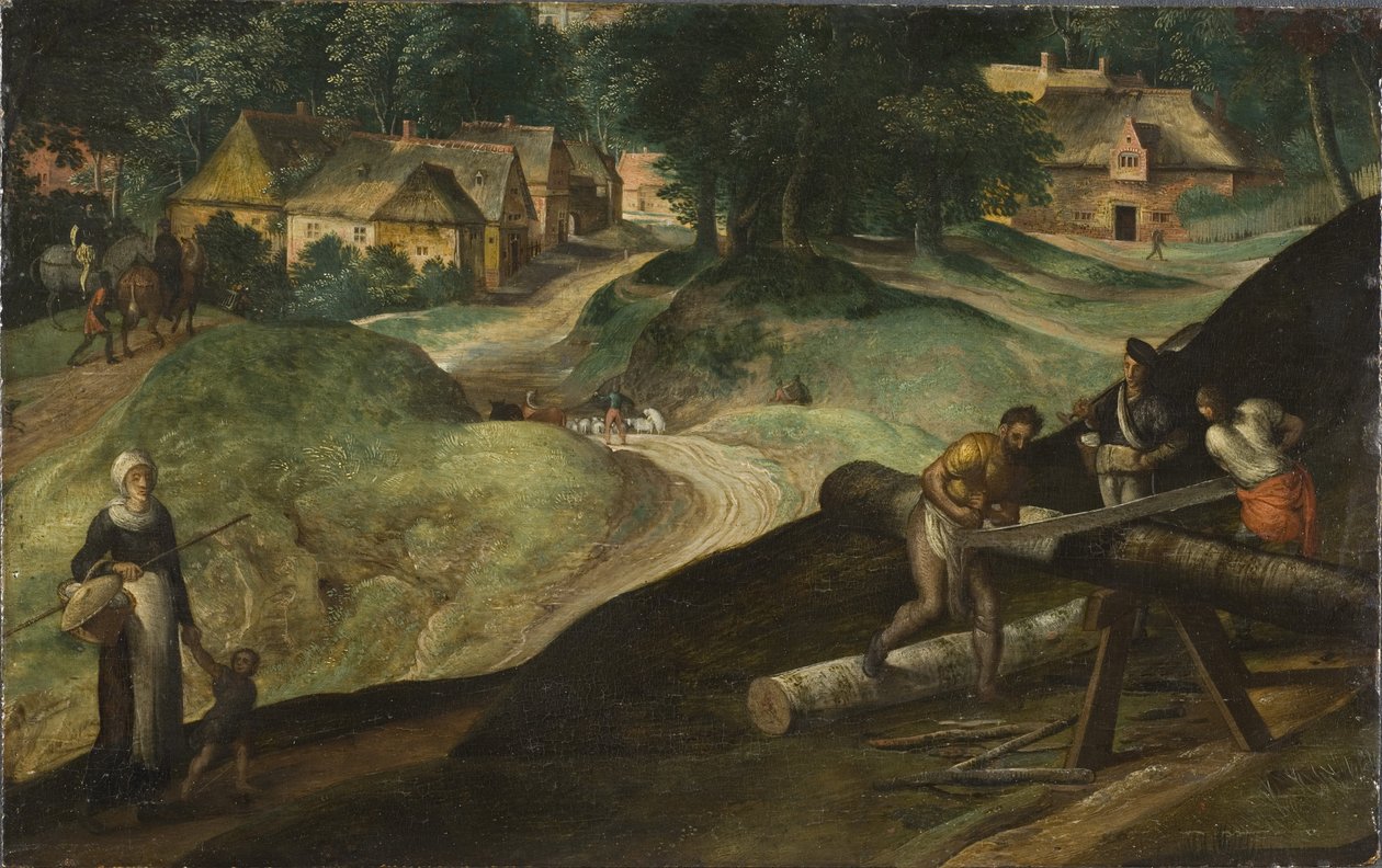Krajobraz z mężczyznami do piłowania drewna - Krajobraz z mężczyznami do piłowania drewna, autorstwa Mostaert, Gillis (1534-1598). olej na drewnie autorstwa Gillis Mostaert
