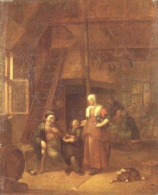 Wnętrze karczmy z mężczyzną płacącym służącej kobiecie autorstwa Gillis de Winter