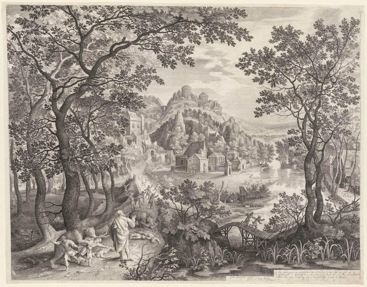 Elizeusz przeklinający dzieci z Betel, które są pożerane przez niedźwiedzie, 1602. autorstwa Gillis van Coninxloo