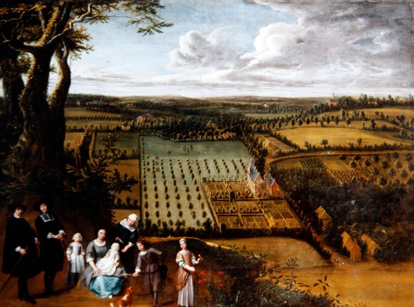 Portret rodziny patrycjuszowskiej z perspektywą ich dworu (olej na płótnie) autorstwa Gillis van and Hondt Lambert de Tilborgh