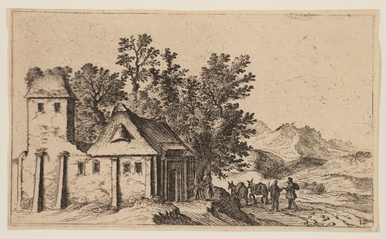 Farma przed drzewami na pagórkowatym terenie, od Twelve Landscapes autorstwa Gillis van Scheyndel