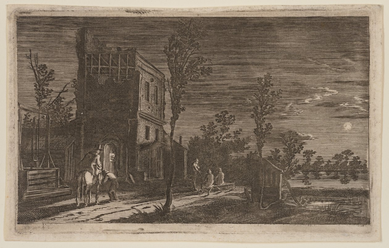 Postacie przy zniszczonej wieży: Moonlit Nocturne, z albumu Six Landscapes autorstwa Gillis van Scheyndel